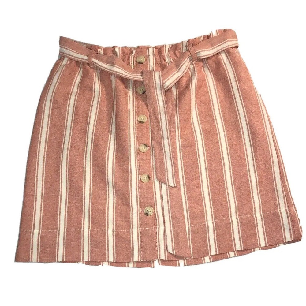 Loft Womens Striped Linen Blend Skirt Coral White Tie Belt Waist Buttons Size PL